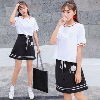 Short-sleeve Rabbit Print T-shirt / Baseball Print A-line Skirt / Set