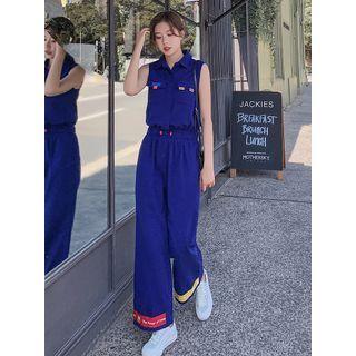 Sleeveless Collar Applique Wide Leg Cropped Jumpsuit