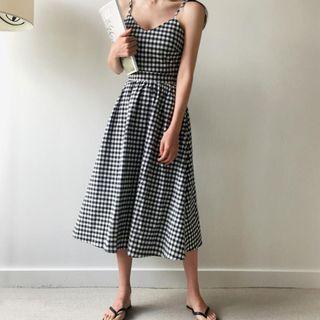 Check Bow-accent Strap A-line Dress