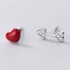 Heart & Arrow Sterling Silver Earring 1 Pair - S925 Silver - Stud Earring - Red & Silver - One Size