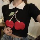 Collared Cherry Print Short-sleeve Knit Crop Top Black - One Size
