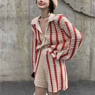 Two-tone Striped Button-up Pointelle Knit Top / High Waist Knit Shorts / Plain Undershorts