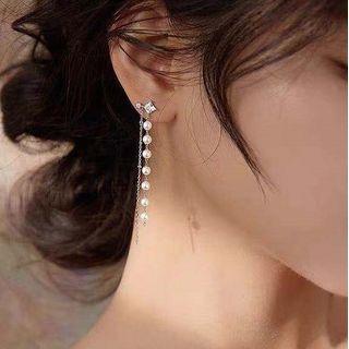 Rhinestone Chained Sterling Silver Dangle Earring 1 Pair - Silver - One Size