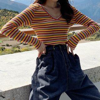 Striped V-neck Long-sleeve Knit Top Stripe - Multicolor - One Size