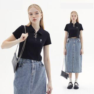 Rose Print Crop Polo Top