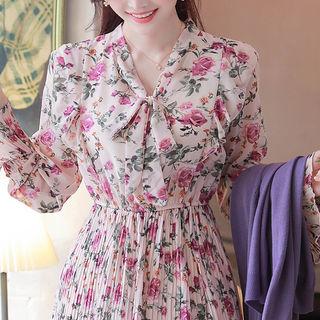 Tie-neck Bell-cuff Floral Midi Pleated Dress