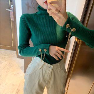 Turtleneck Buttoned Cuff Long Sleeve Top