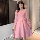 Long-sleeve Chiffon-panel A-line Knit Dress