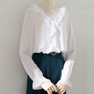 Bell-sleeve V-neck Ruffle Shirt