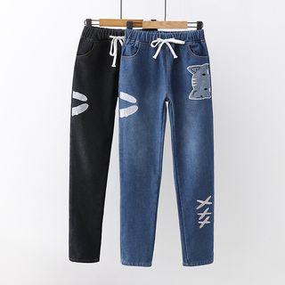 Drawstring Waist Cat Applique Jeans