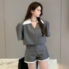 Contrast Collar Cropped Blouse / High-waist Shorts