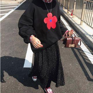 Floral Print-sleeve Sweatshirt / Dot Skirt