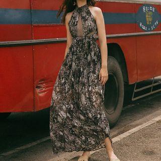 Pattern Printed Halter Open-back A-line Maxi Dress