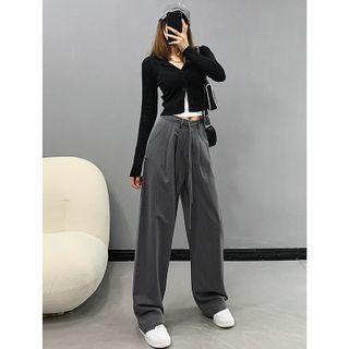 Elastic High-waist Wide-leg Dress Pants With Sash