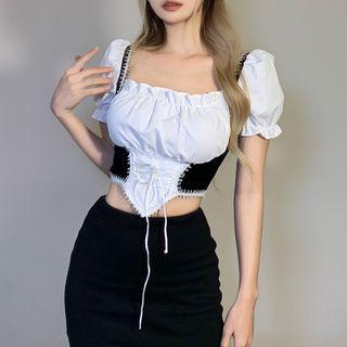 Puff-sleeve Two-tone Corset Top