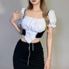Puff-sleeve Two-tone Corset Top