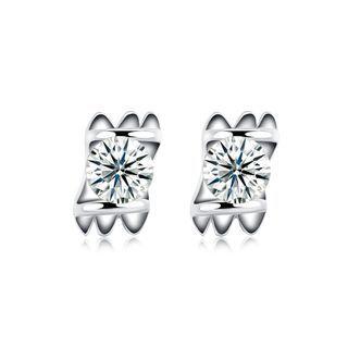 925 Sterling Silver Simple Mini Fashion Geometric Rectangle Ear Studs And Earrings With Cubic Zircon Silver - One Size