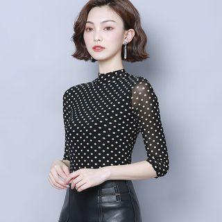 3/4-sleeve Polka Dot Mesh Top