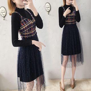 Mock Turtleneck Knit Top / A-line Mesh Midi Pinafore Dress / Set
