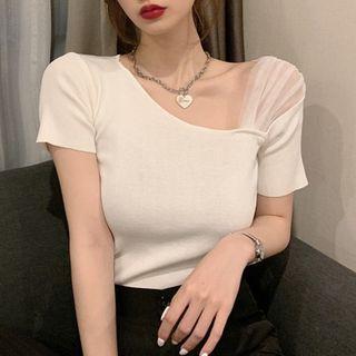 Mesh Panel Skew Neckline Short-sleeve Knit Top