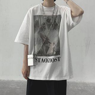 Elbow-sleeve Forest Print T-shirt