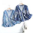 Long-sleeve Floral Embroidered Denim Blouse