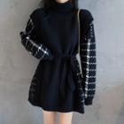 Mock Two Piece Long-sleeve Plaid Knit Top Black - One Size