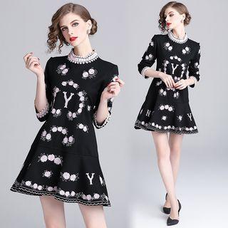 Elbow-sleeve Stand Collar Embroidered Mini A-line Dress