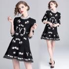 Elbow-sleeve Stand Collar Embroidered Mini A-line Dress