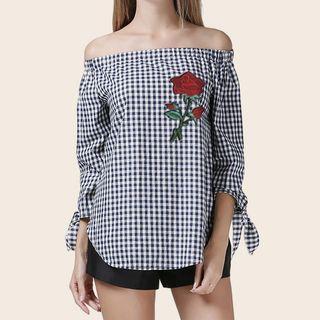 3/4-sleeve Off-shoulder Floral Embroidered Gingham Check Top