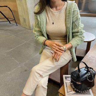 Hooded Zip-up Cable-knit Cardigan