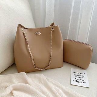 Chain Strap Faux Leather Bucket Bag With Make Up Pouch