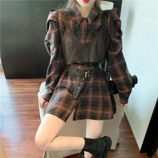 Long-sleeve Plaid Mini Shirtdress / Cropped Camisole Top / Set