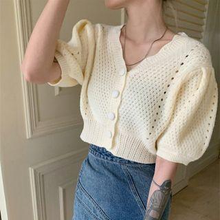 V-neck Cutout Puff-sleeve Cardigan