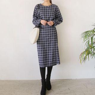 Set: Round-neck Checked Top + Midi Wrap Skirt