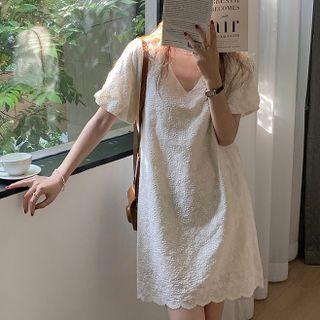 V-neck Embroidered Puff-sleeve Dress Almond - One Size