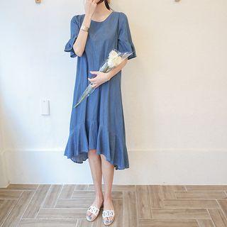 Round-neck Ruffle-hem Denim Dress