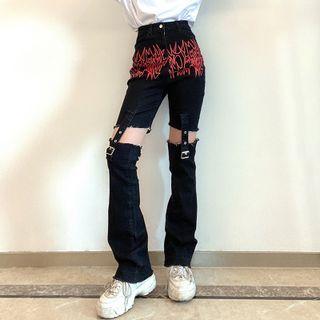 High-waist Fire Print Cut-out Boot-cut Jeans