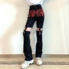 High-waist Fire Print Cut-out Boot-cut Jeans