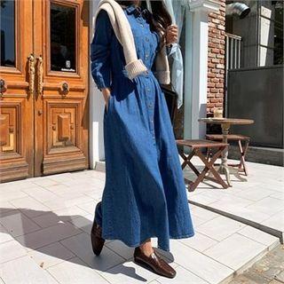 Pocket-detail Gathered-waist Denim Shirtdress Dark Blue - One Size