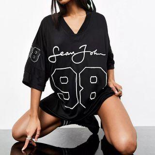 Lettering Elbow-sleeve Mini Shift Dress