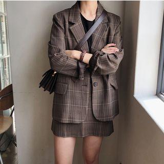 Plaid Button Blazer / Mini Plaid A-line Skirt