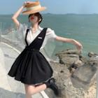 Puff-sleeve Shirt / Asymmetrical Pleated Overall Dress