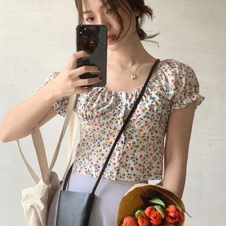 Puff-sleeve Floral Print Buttoned Crop Top