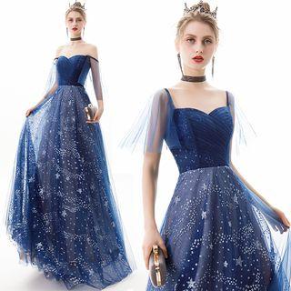 Off-shoulder Mesh Panel Sequined A-line Evening Gown