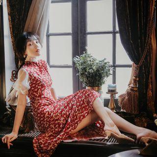 Mandarin Collar Mesh Sleeve Patterned A-line Midi Dress