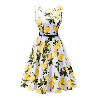 Printed Sleeveless A-line Dress With Belt