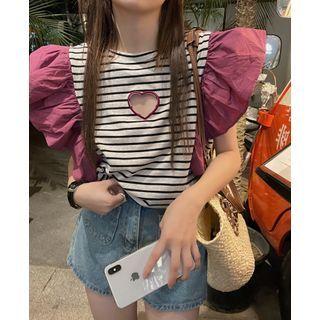 Ruffle Sleeve Heart Cutout Striped Top Rose Pink - One Size