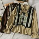 Set: Ribbon-neckline Plain Shirt + Button-up Knit Vest