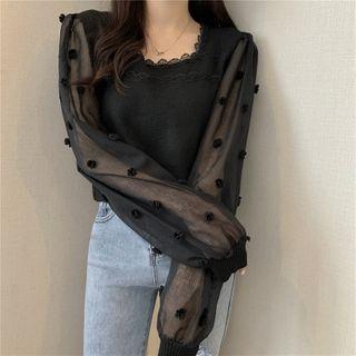 Mesh Long-sleeve Square Neck Knit Top